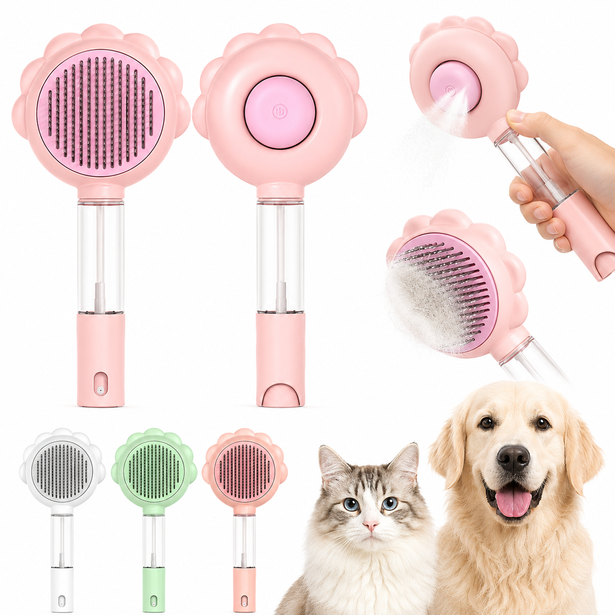 Tailvia Self-Cleaning Pet Grooming Brush with Spray
